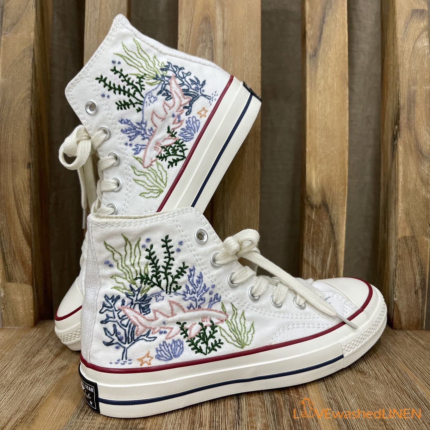 Custom Embroidered Converse High Tops/ Custom Converse Chuck Taylor 1970s Shark Embroidered/ Ocean Vibes Embroidered