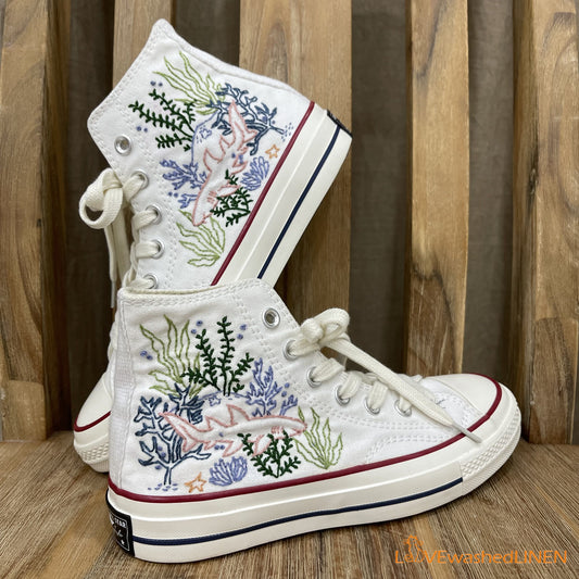 Custom Embroidered Converse High Tops/ Custom Converse Chuck Taylor 1970s Shark Embroidered/ Ocean Vibes Embroidered