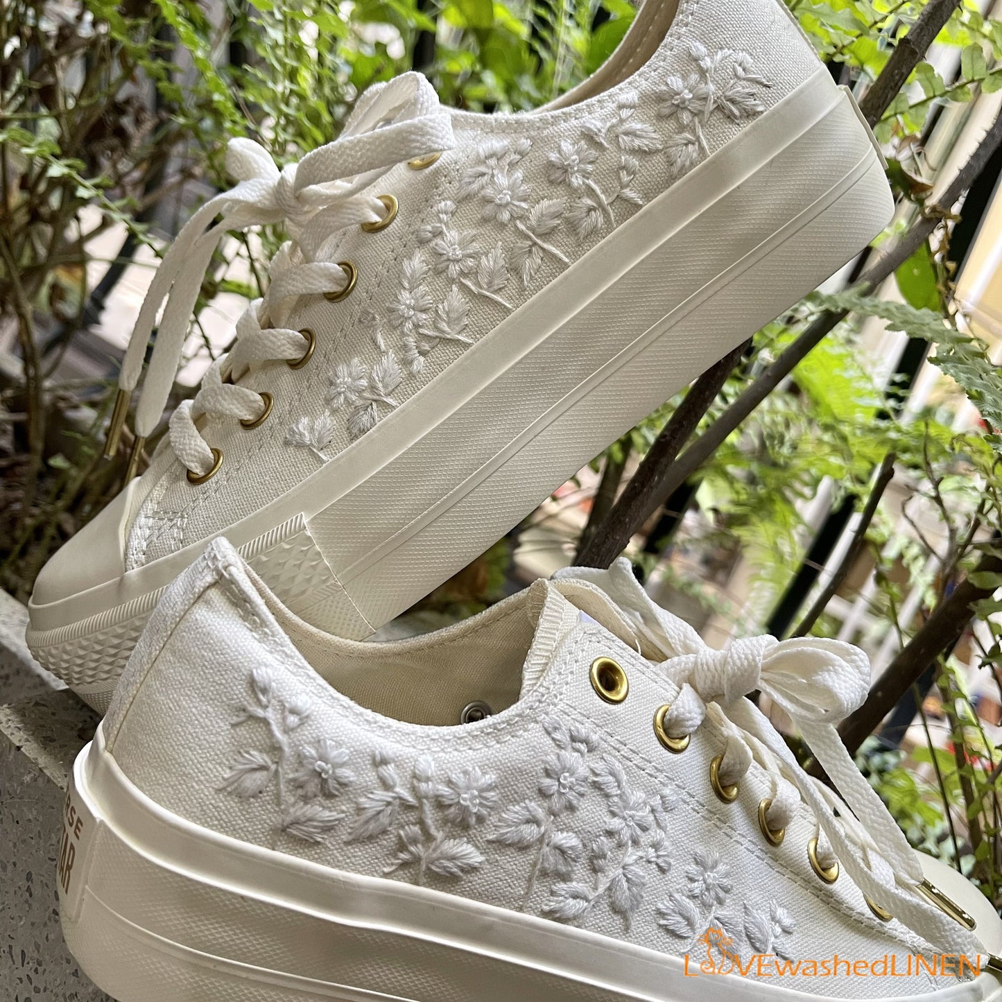 Custom Coverse Platform/ Wedding Flowers Embroidered Converse/ Bridal Flowers Embroidered Sneakers/ Lily of the Valley Embroidered Sneakers