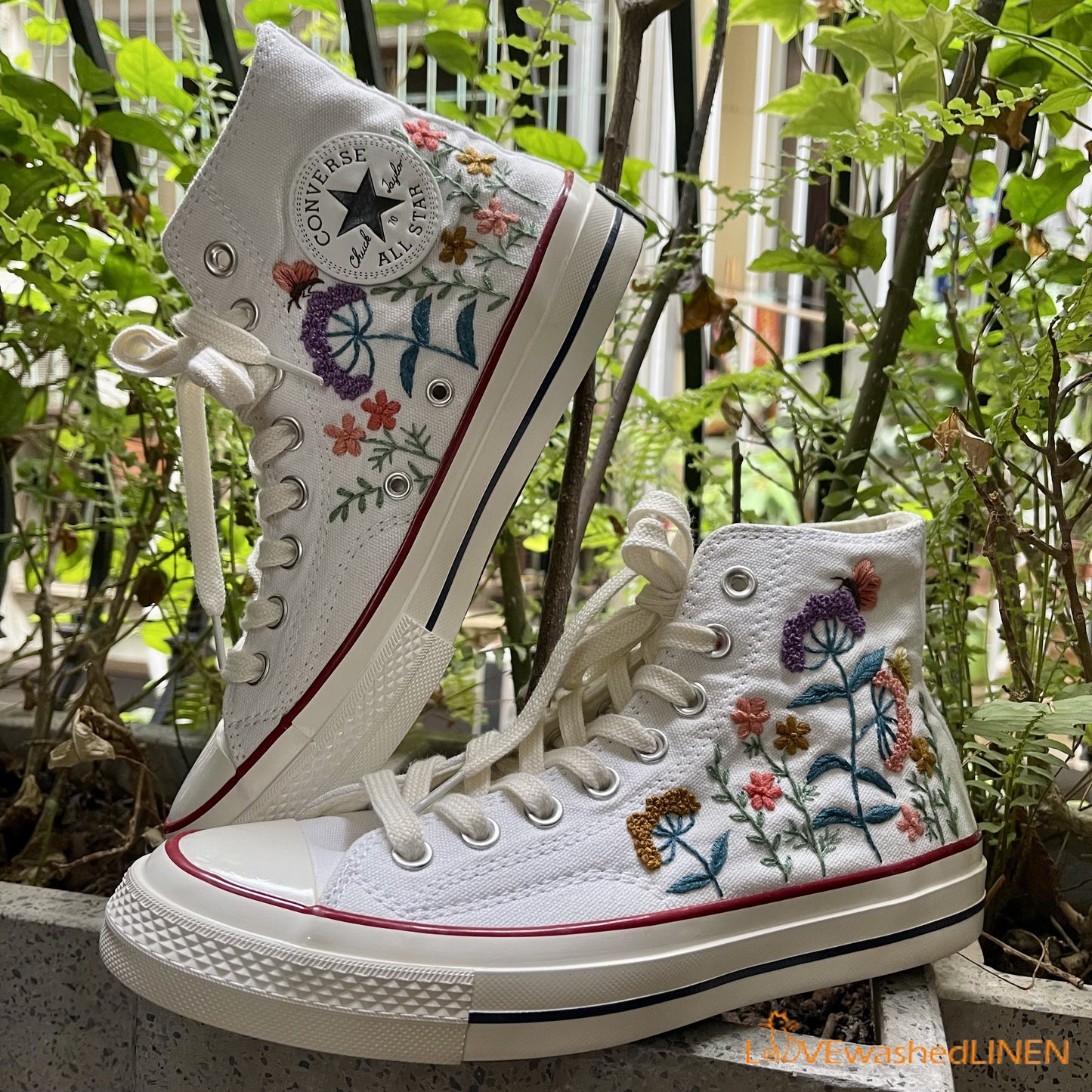 Custom Embroidered Converse/ Converse Custom Flower Embroidery/ Custom Converse Chuck Taylor Embroidered Flower/ Embroidered Converse High Tops