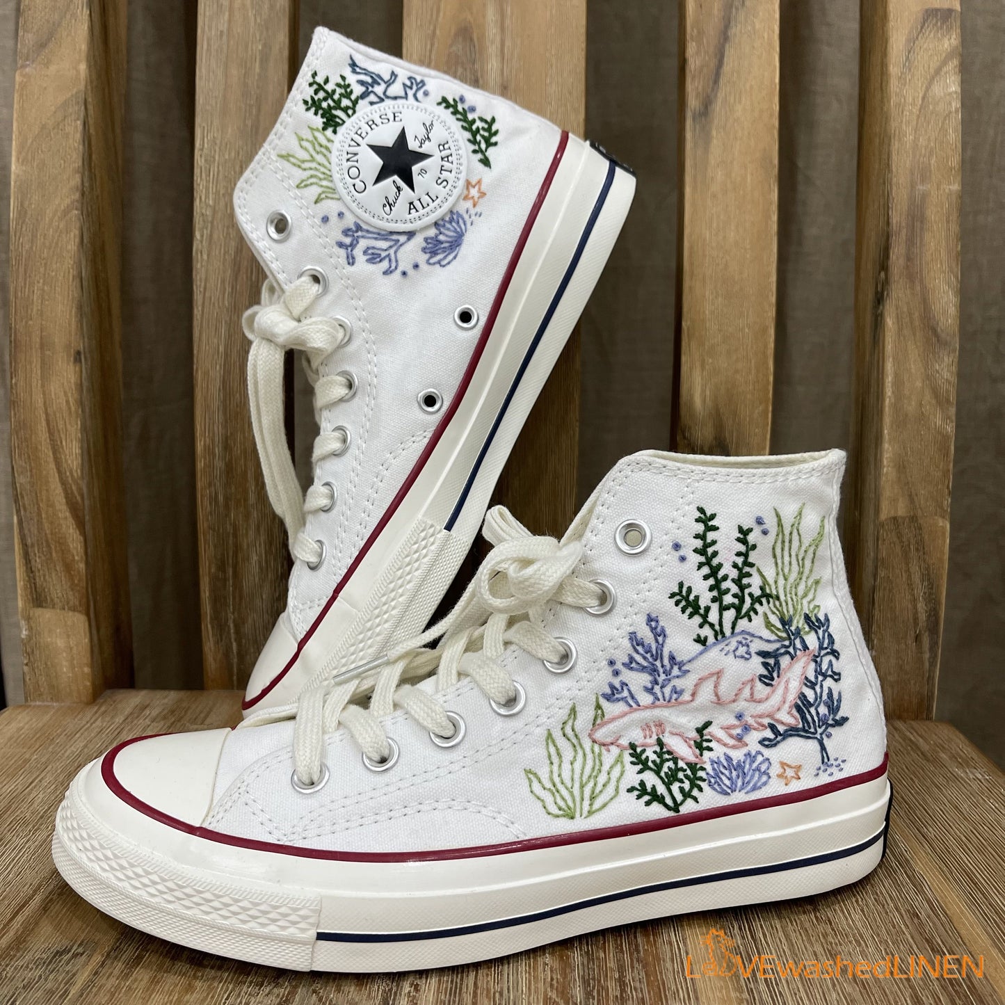 Custom Embroidered Converse High Tops/ Custom Converse Chuck Taylor 1970s Shark Embroidered/ Ocean Vibes Embroidered