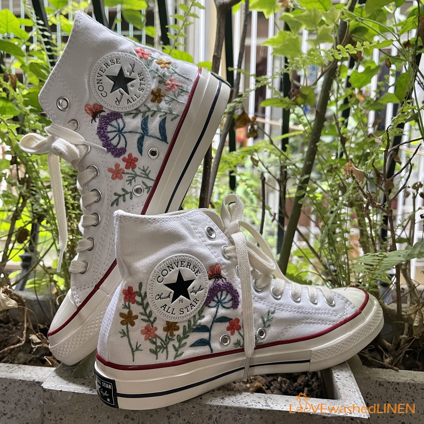 Custom Embroidered Converse/ Converse Custom Flower Embroidery/ Custom Converse Chuck Taylor Embroidered Flower/ Embroidered Converse High Tops