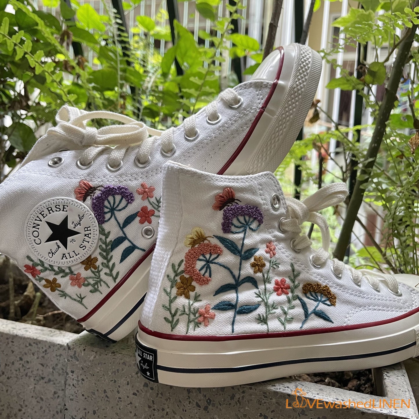 Custom Embroidered Converse/ Converse Custom Flower Embroidery/ Custom Converse Chuck Taylor Embroidered Flower/ Embroidered Converse High Tops