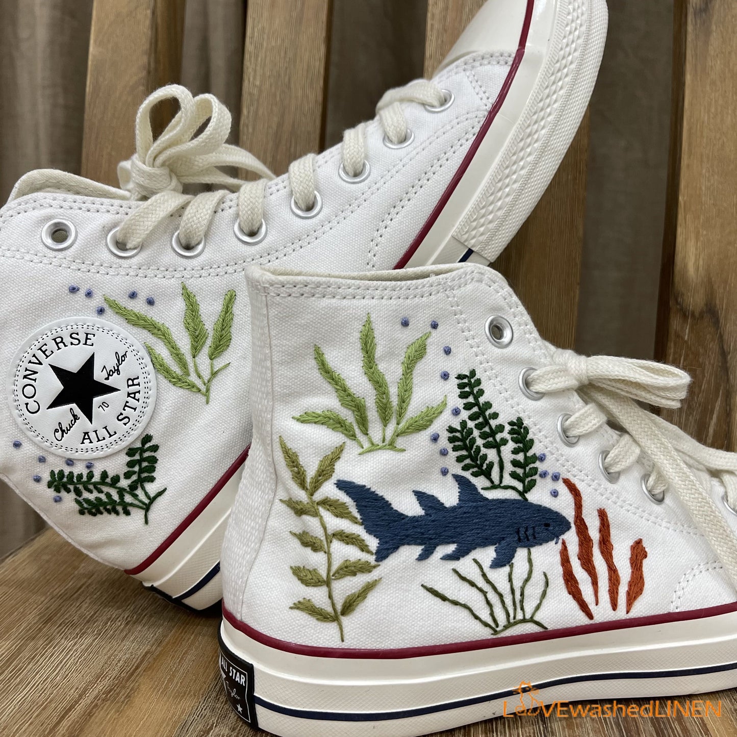 Custom Embroidered Converse High Tops/ Custom Converse Chuck Taylor 1970s Shark Embroidered / Ocean Vibes Embroidered
