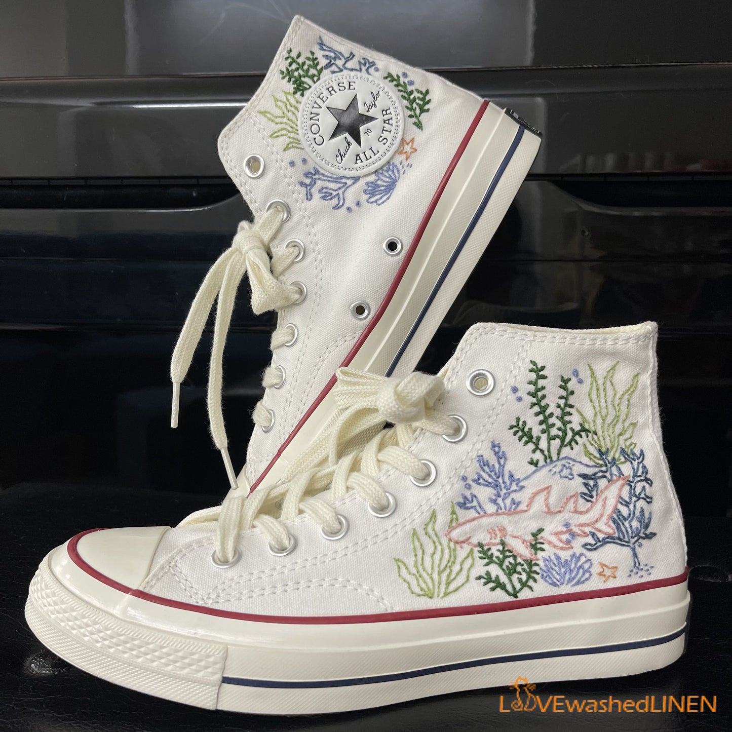 Custom Embroidered Converse High Tops/ Custom Converse Chuck Taylor 1970s Shark Embroidered/ Ocean Vibes Embroidered