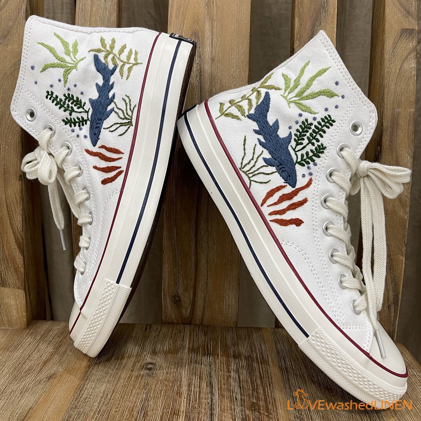 Custom Embroidered Converse High Tops/ Custom Converse Chuck Taylor 1970s Shark Embroidered / Ocean Vibes Embroidered