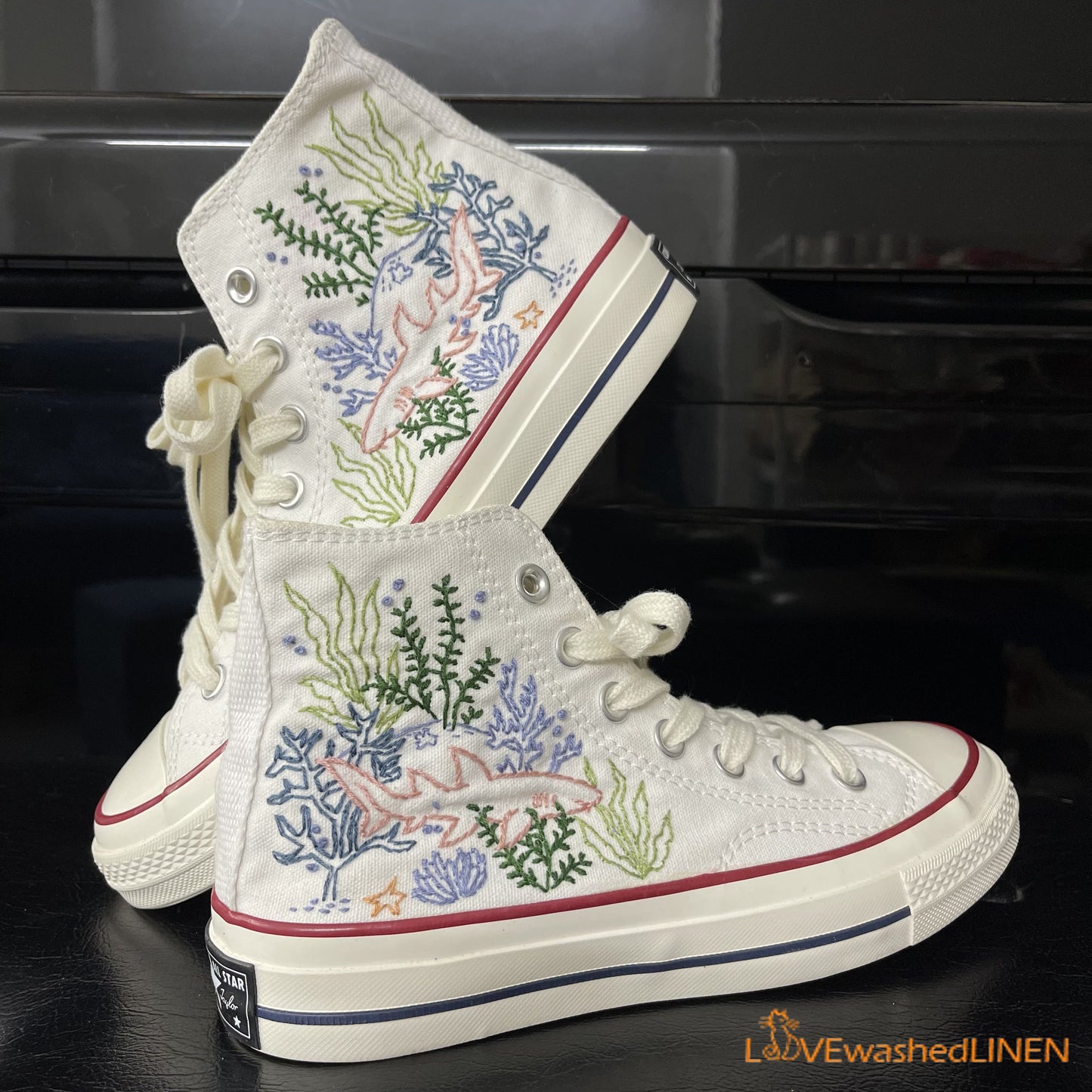 Custom Embroidered Converse High Tops/ Custom Converse Chuck Taylor 1970s Shark Embroidered/ Ocean Vibes Embroidered