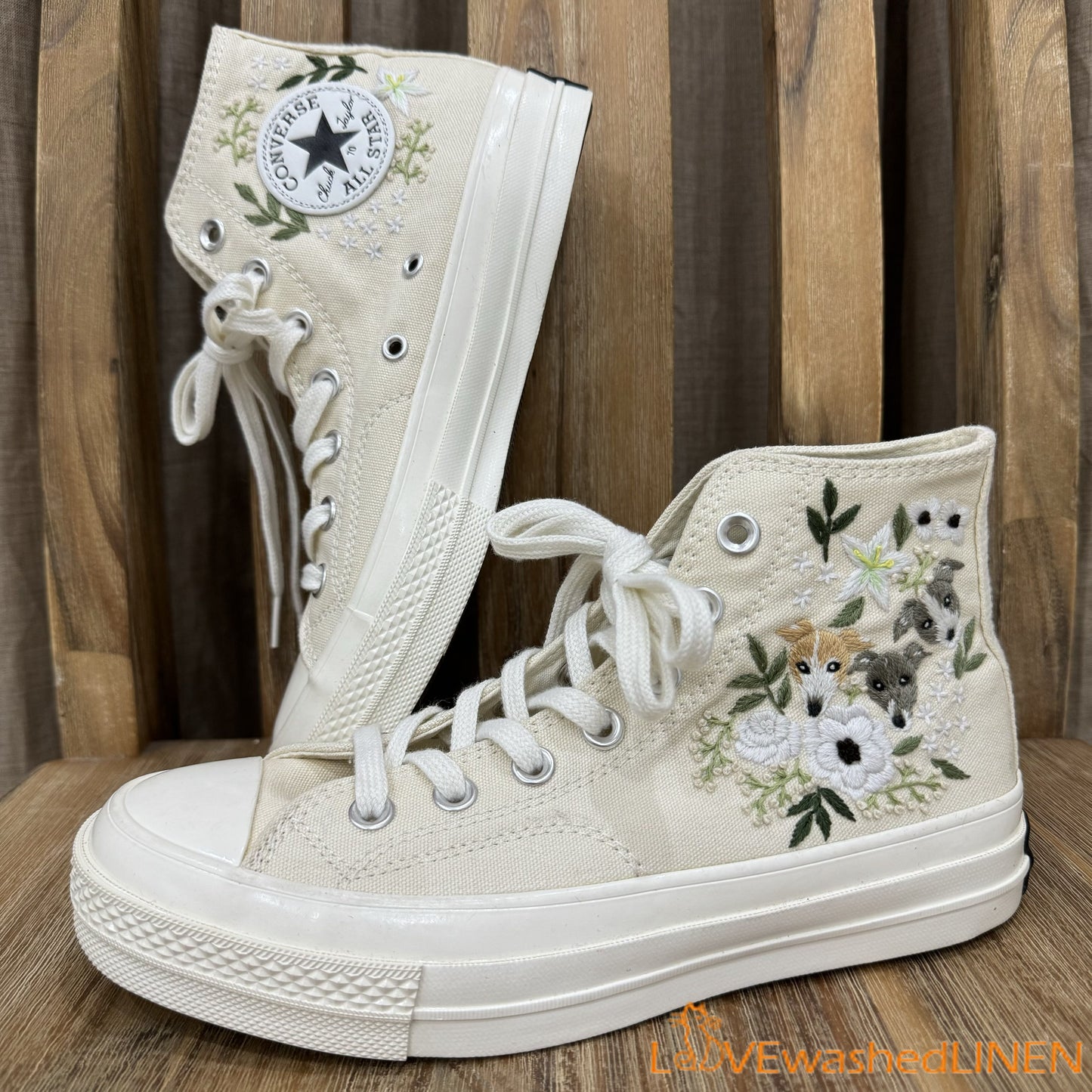 Custom Coverse Wedding Sneakers/ Cats + Flowers Embroidered Shoes/ Bridal Flowers + Pet Embroidered Sneakers/ Personalized Bride Shoes