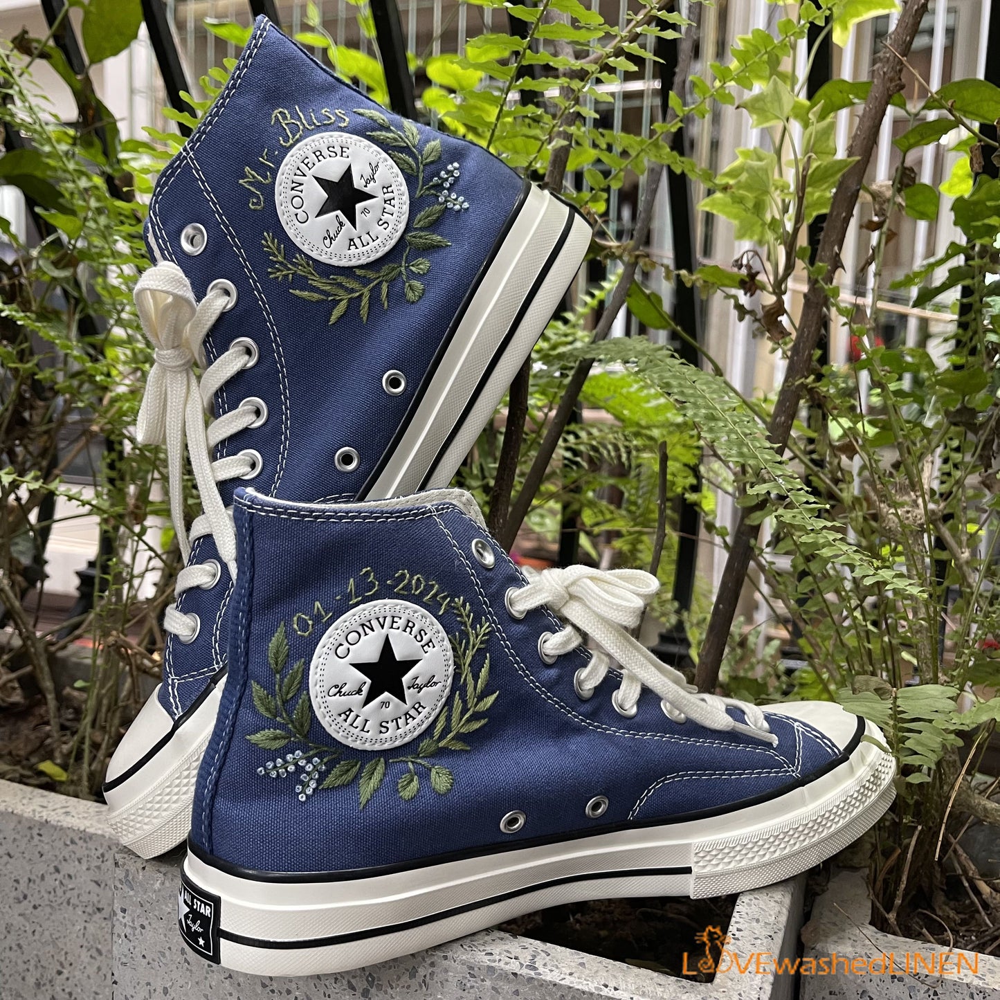 Custom Embroidered Sneakers /Embroidered Chuck Taylor/ Cat Greenery Embroidered Shoes/ Embroidered Converse Wedding Flowers