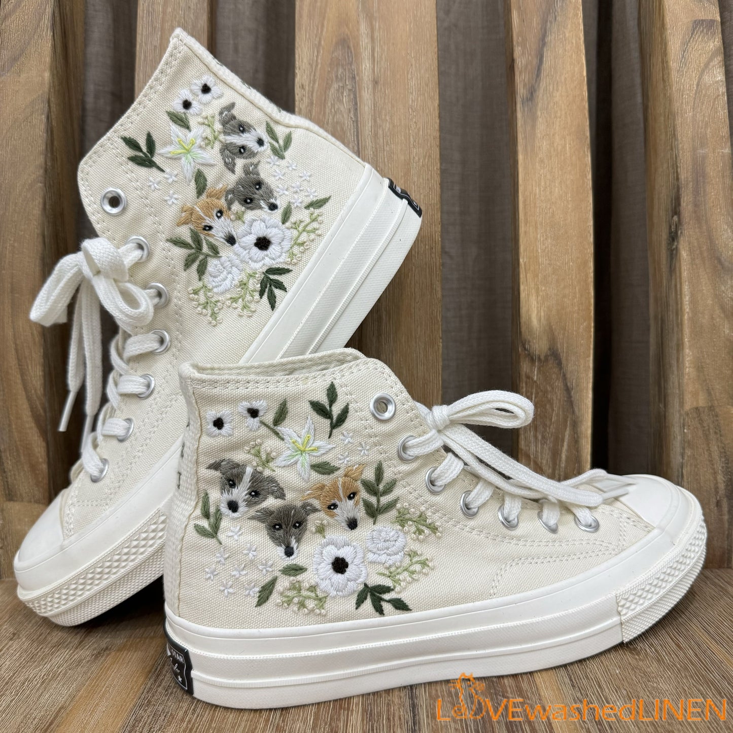 Custom Coverse Wedding Sneakers/ Cats + Flowers Embroidered Shoes/ Bridal Flowers + Pet Embroidered Sneakers/ Personalized Bride Shoes