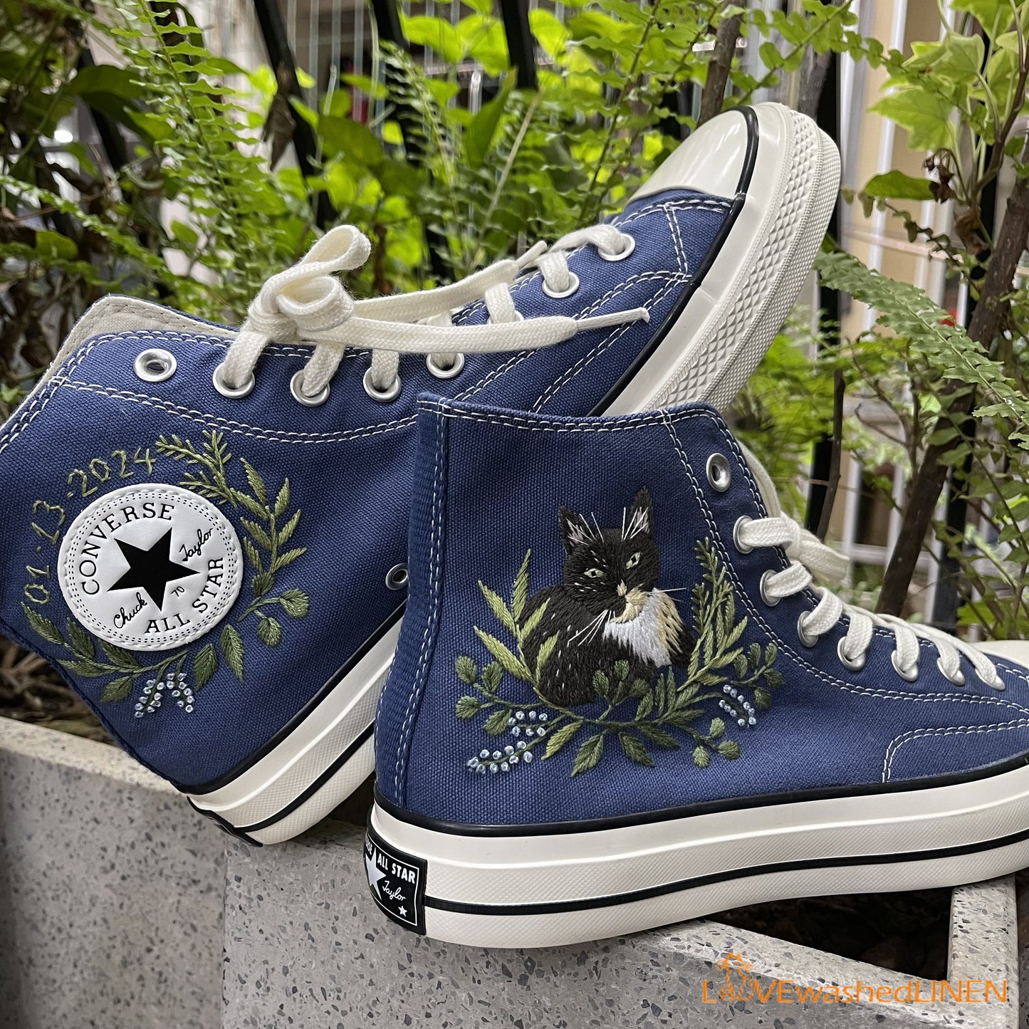 Custom Embroidered Sneakers /Embroidered Chuck Taylor/ Cat Greenery Embroidered Shoes/ Embroidered Converse Wedding Flowers