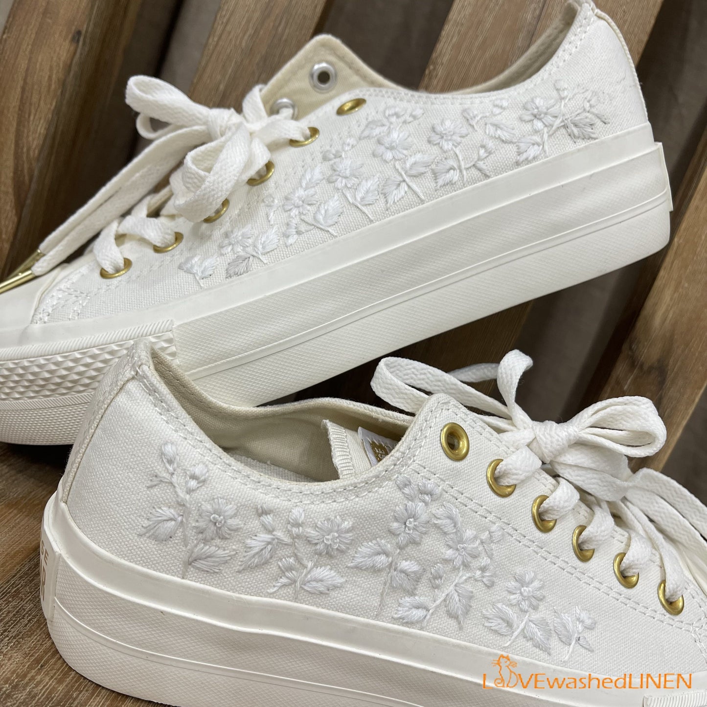 Custom Coverse Platform/ Wedding Flowers Embroidered Converse/ Bridal Flowers Embroidered Sneakers/ Lily of the Valley Embroidered Sneakers