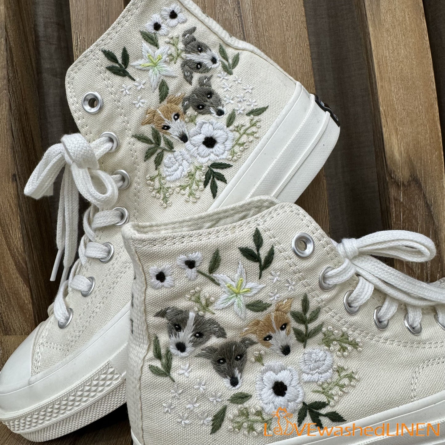 Custom Coverse Wedding Sneakers/ Cats + Flowers Embroidered Shoes/ Bridal Flowers + Pet Embroidered Sneakers/ Personalized Bride Shoes