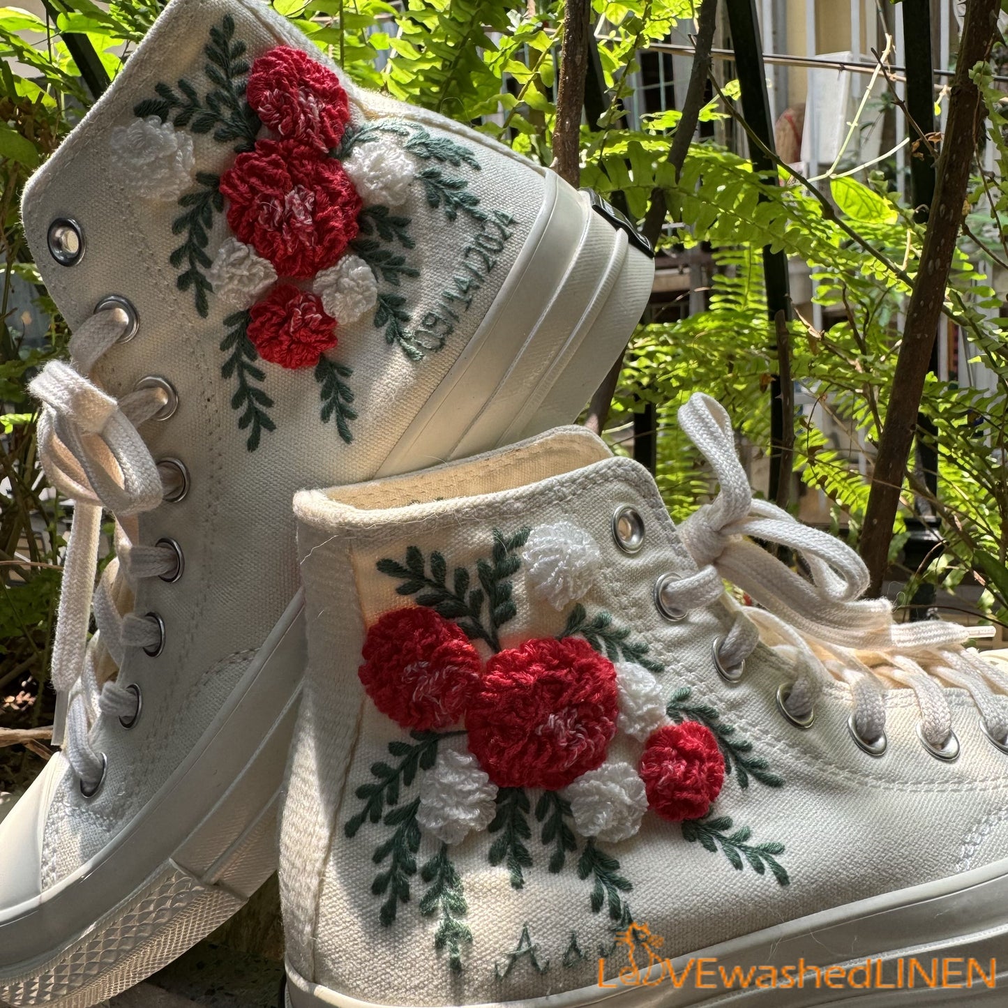 Custom Embroidered Wedding Sneakers/ Wedding Flowers Embroidered Shoes/ Bridal Flowers Embroidered Sneakers / Personalized Bridal Sneaker