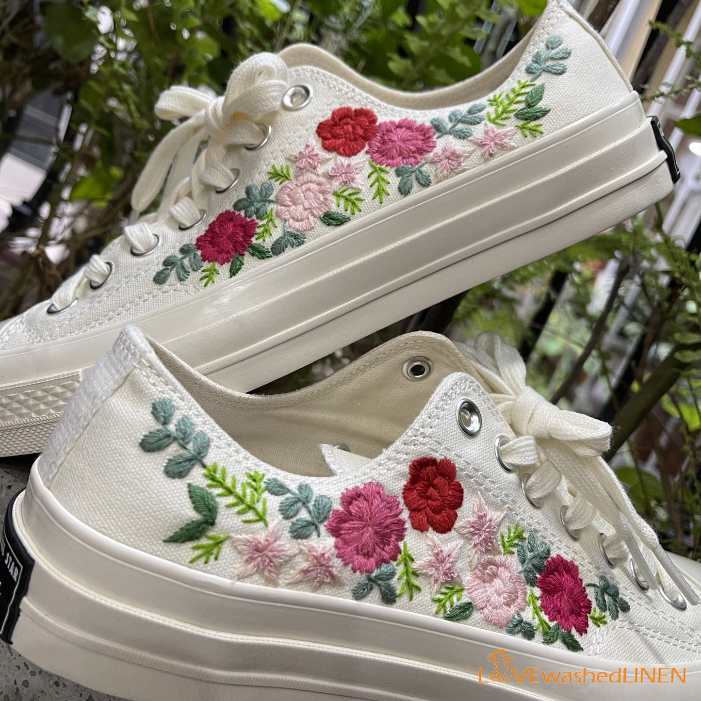 Custom Wedding Converse/ Wedding Flowers Embroidered Shoes/ Bridal Flowers Embroidered Sneakers/ Wedding Bouquet Embroidered Sneakers