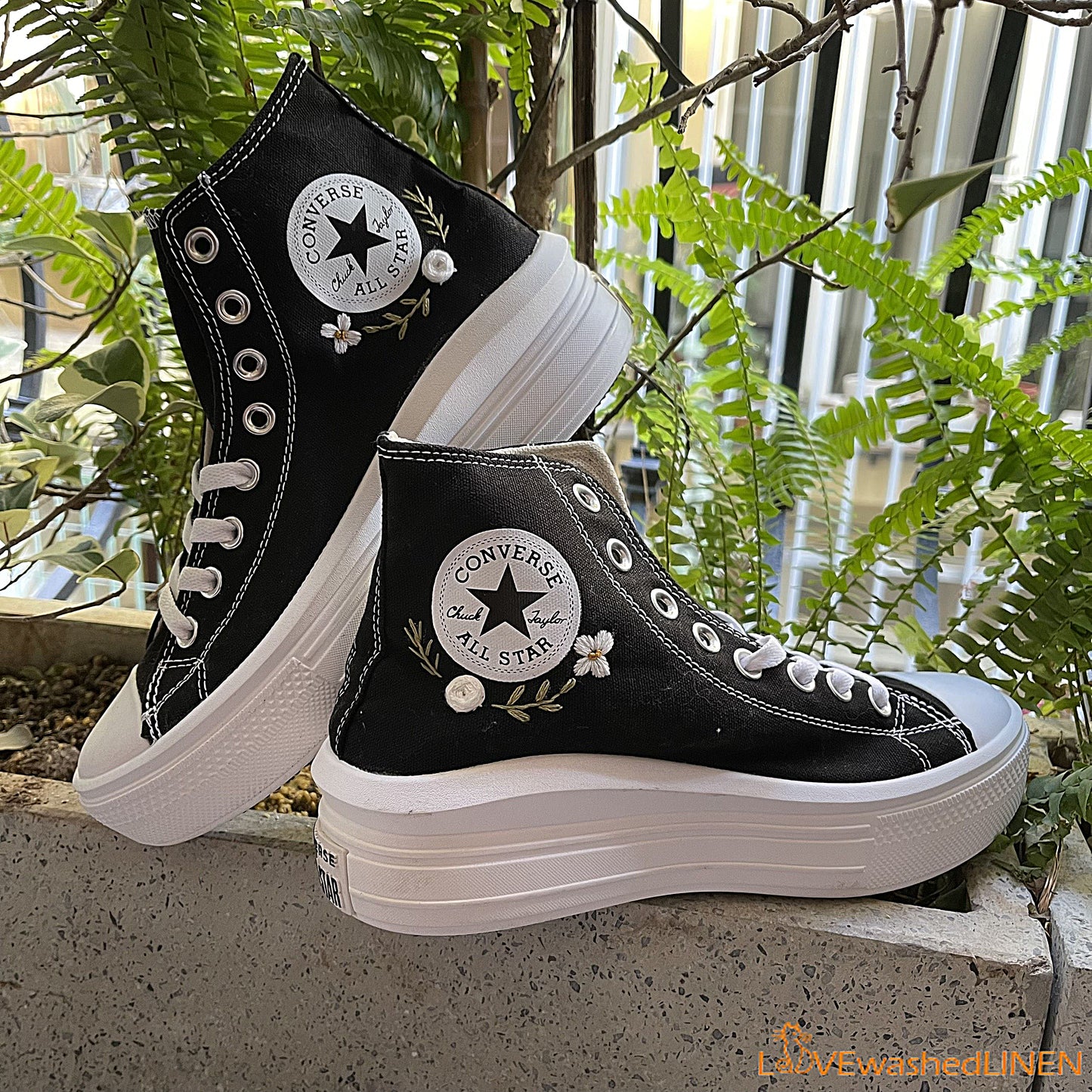 Custom Converse Chuck Taylor All Star Move Platform/ Custom Converse Embroidered Daisy Flower/ Embroidered Platform Sneakers