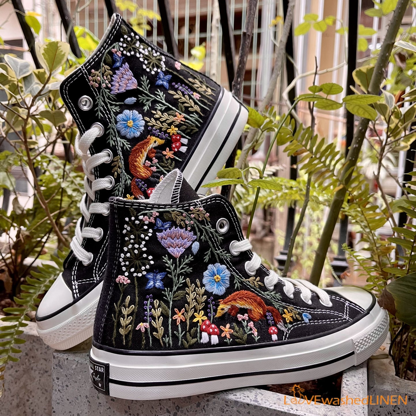 Custom Converse Chuck Taylor Embroidered/ Fox Summer Garden Flowers Embroidered Convese Shoes/ Embroidered Converse Custom Wedding Flowers