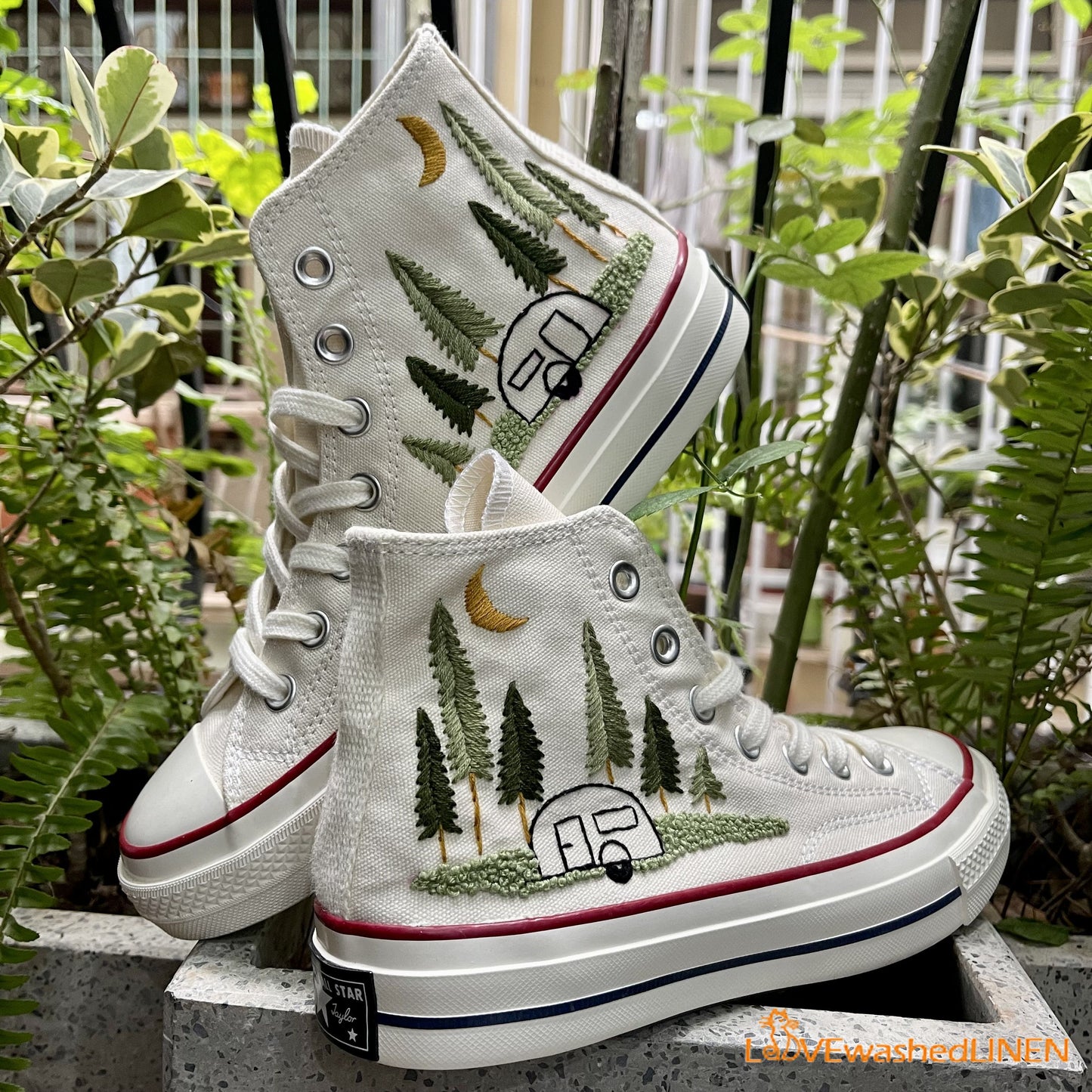Custom Converse Chuck Taylor Embroidered/ Pine Trees Embroidered Converse/ Custom Wedding Embroidered Shoes/ Wedding Embroidered Sneakers
