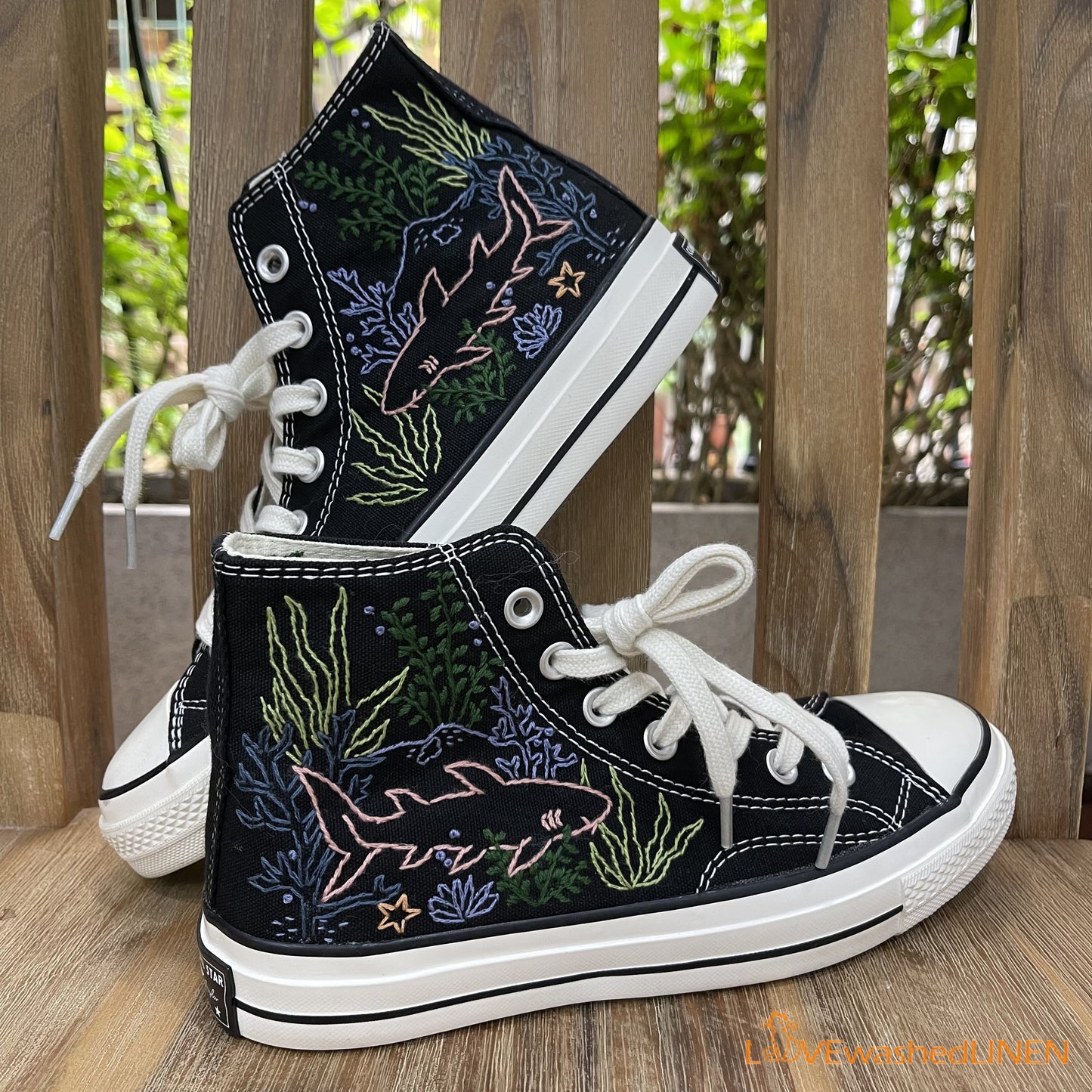 Custom Embroidered Converse High Tops/ Custom Converse Chuck Taylor 1970s Shark Embroidered/ Ocean Vibes Embroidered