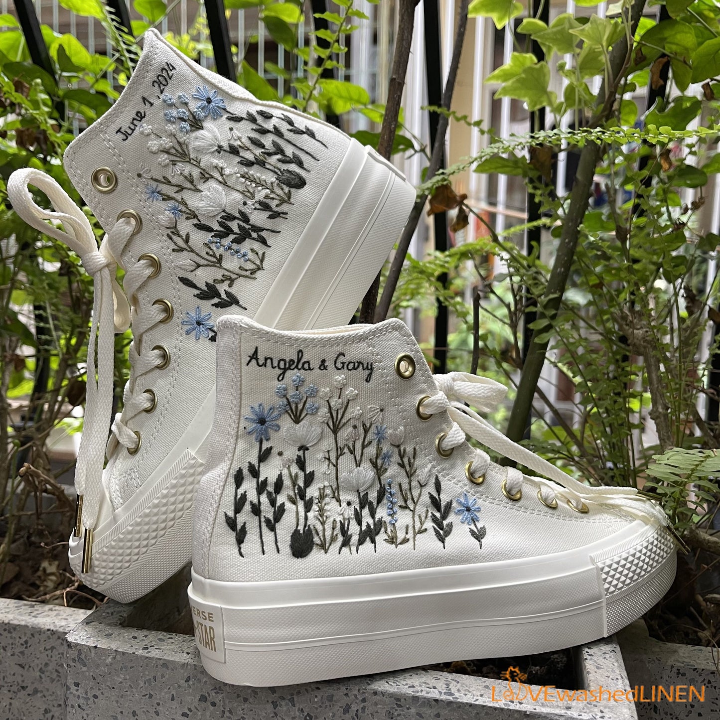 Custom Coverse Platform/Wedding Flowers Embroidered Converse/Bridal Flowers Embroidered Sneakers/Wedding Flowers Embroidered Sneakers/