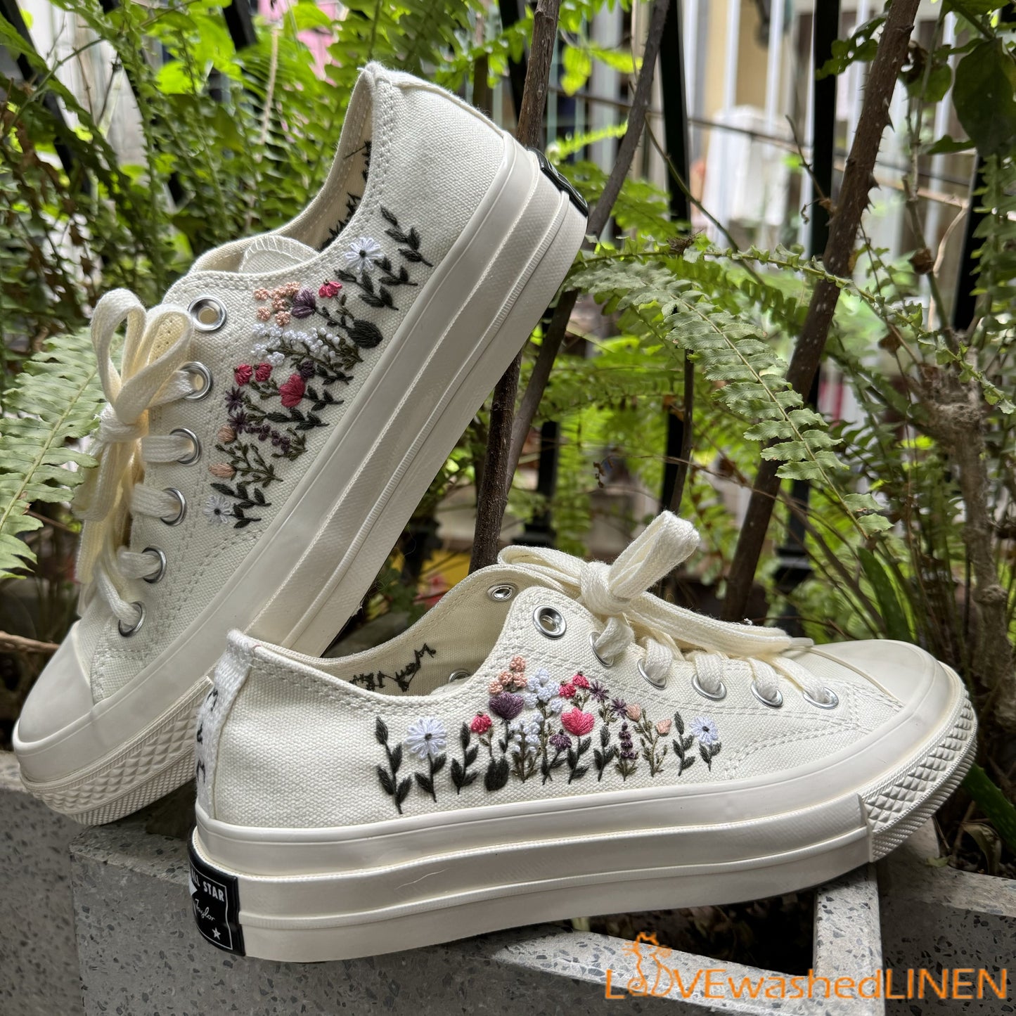 Custom Embroidered Sneakers/ Custom Shoes Taylor 70s Embroidered Flower/ Flowers Embroidered Shoes Low Tops/ Flowers Embroidered Shoes