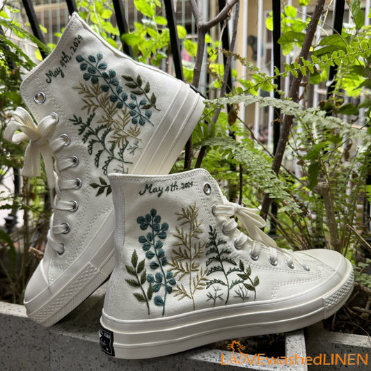 Custom Wedding Sneakers/ Wedding Flowers Embroidered Shoes/ Bridal Flowers Embroidered Sneakers /Wedding Greenery Embroidered Converse