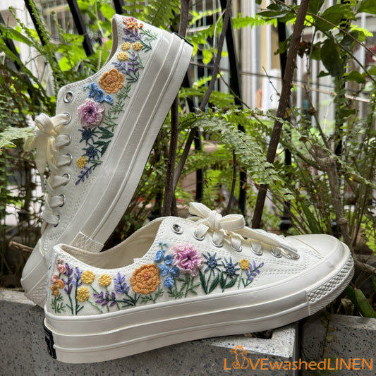 3 D Hand Embroidery Wedding Sneakers/ Wedding Flowers Embroidered Shoes/ Bridal Flowers Embroidered Sneakers Wedding Flowers