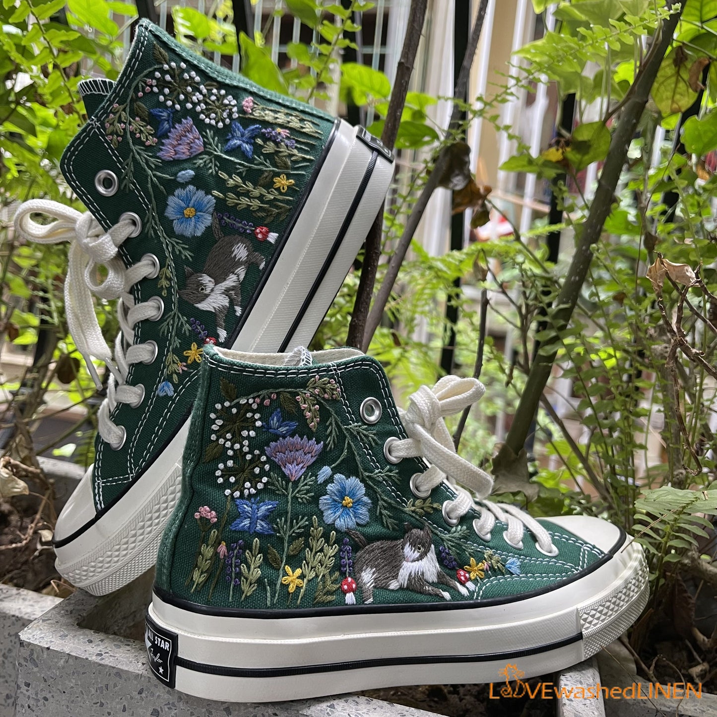 Custom Converse Chuck Taylor Embroidered/ Cat Garden Flowers Embroidered Convese Shoes/ Embroidered Converse Custom Wedding Flowers