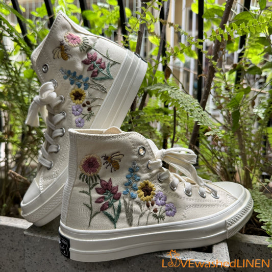 Custom Wedding Sneakers/ Wedding Flowers Embroidered Shoes/ Bridal Flowers Embroidered Sneakers/ Buttercup Flowers Embroidered Sneakers