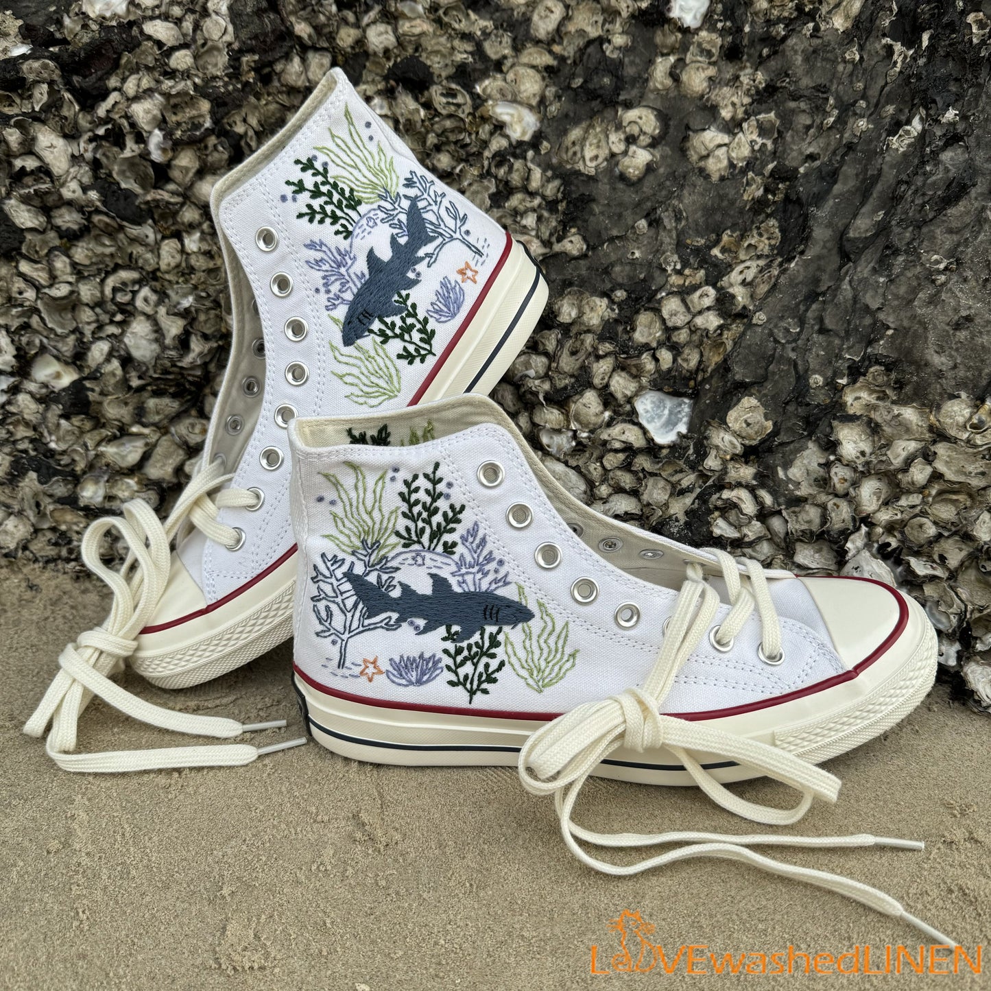 Custom Embroidered Converse High Tops/ Custom Converse Chuck Taylor 1970s Shark Embroidered/ Ocean Vibes Embroidered