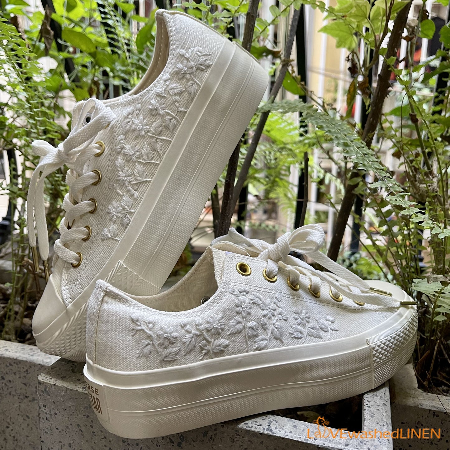 Custom Coverse Platform/ Wedding Flowers Embroidered Converse/ Bridal Flowers Embroidered Sneakers/ Lily of the Valley Embroidered Sneakers