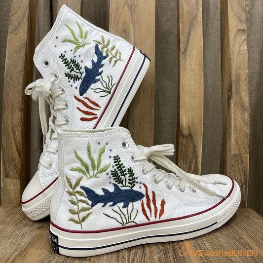 Custom Embroidered Converse High Tops/ Custom Converse Chuck Taylor 1970s Shark Embroidered / Ocean Vibes Embroidered