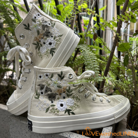 Custom Coverse Wedding Sneakers/ Cats + Flowers Embroidered Shoes/ Bridal Flowers + Pet Embroidered Sneakers/ Personalized Bride Shoes