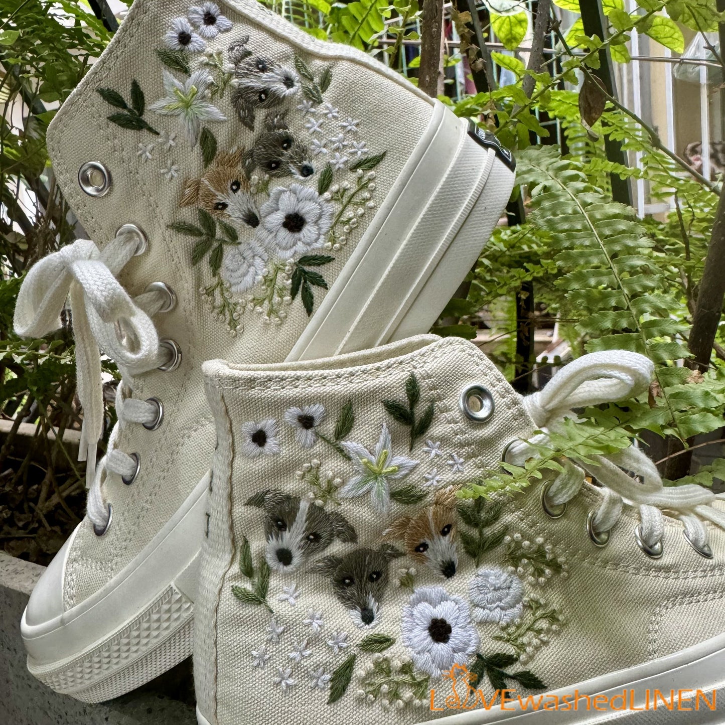 Custom Coverse Wedding Sneakers/ Cats + Flowers Embroidered Shoes/ Bridal Flowers + Pet Embroidered Sneakers/ Personalized Bride Shoes