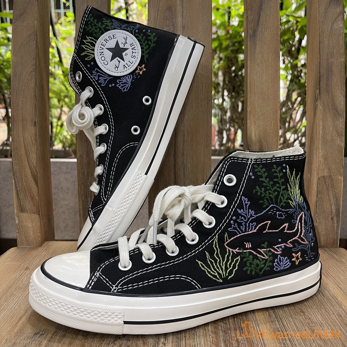 Custom Embroidered Converse High Tops/ Custom Converse Chuck Taylor 1970s Shark Embroidered/ Ocean Vibes Embroidered