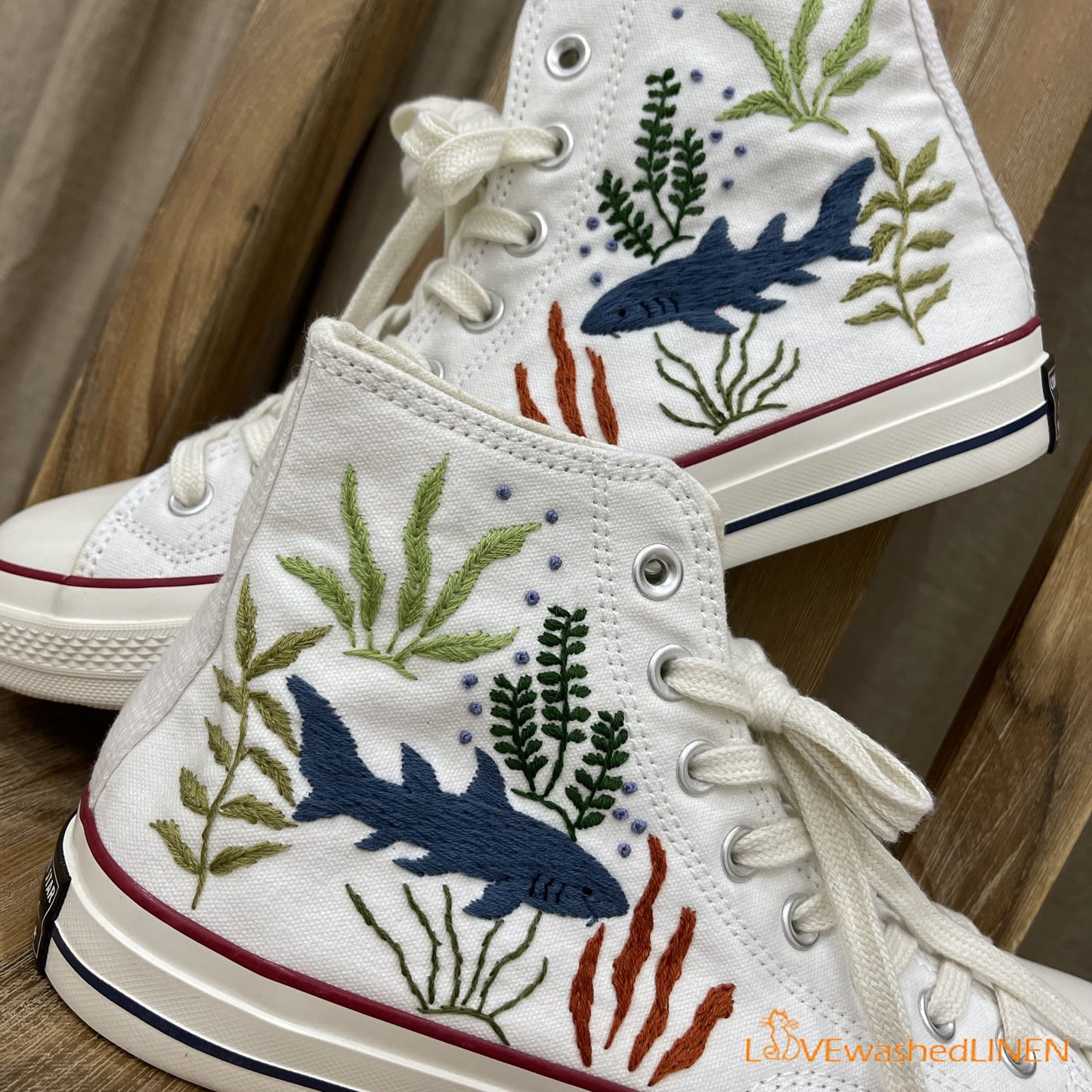 Custom Embroidered Converse High Tops/ Custom Converse Chuck Taylor 1970s Shark Embroidered / Ocean Vibes Embroidered