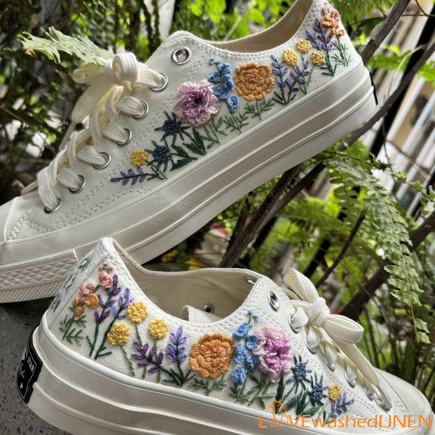 3 D Hand Embroidery Wedding Sneakers/ Wedding Flowers Embroidered Shoes/ Bridal Flowers Embroidered Sneakers Wedding Flowers