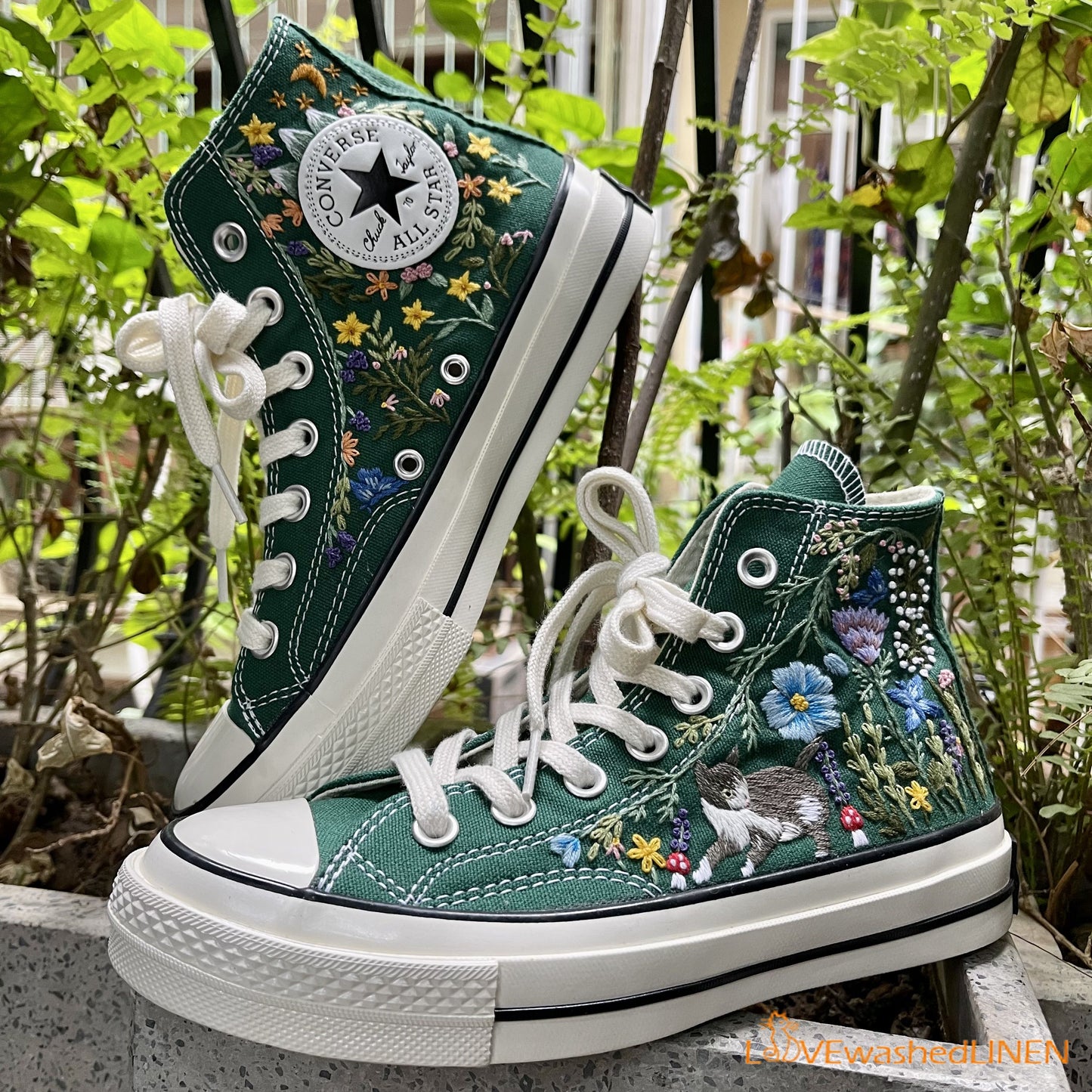 Custom Converse Chuck Taylor Embroidered/ Cat Garden Flowers Embroidered Convese Shoes/ Embroidered Converse Custom Wedding Flowers