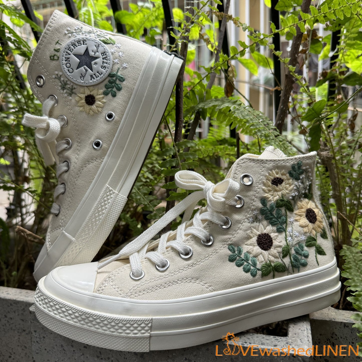 Custom Shoes Taylor 1970s/ Wedding Flowers Embroidered Sneakers/ Bridal Sunflower bouquet embroidered Shoes/ Sunflowers Embroidered Sneakers