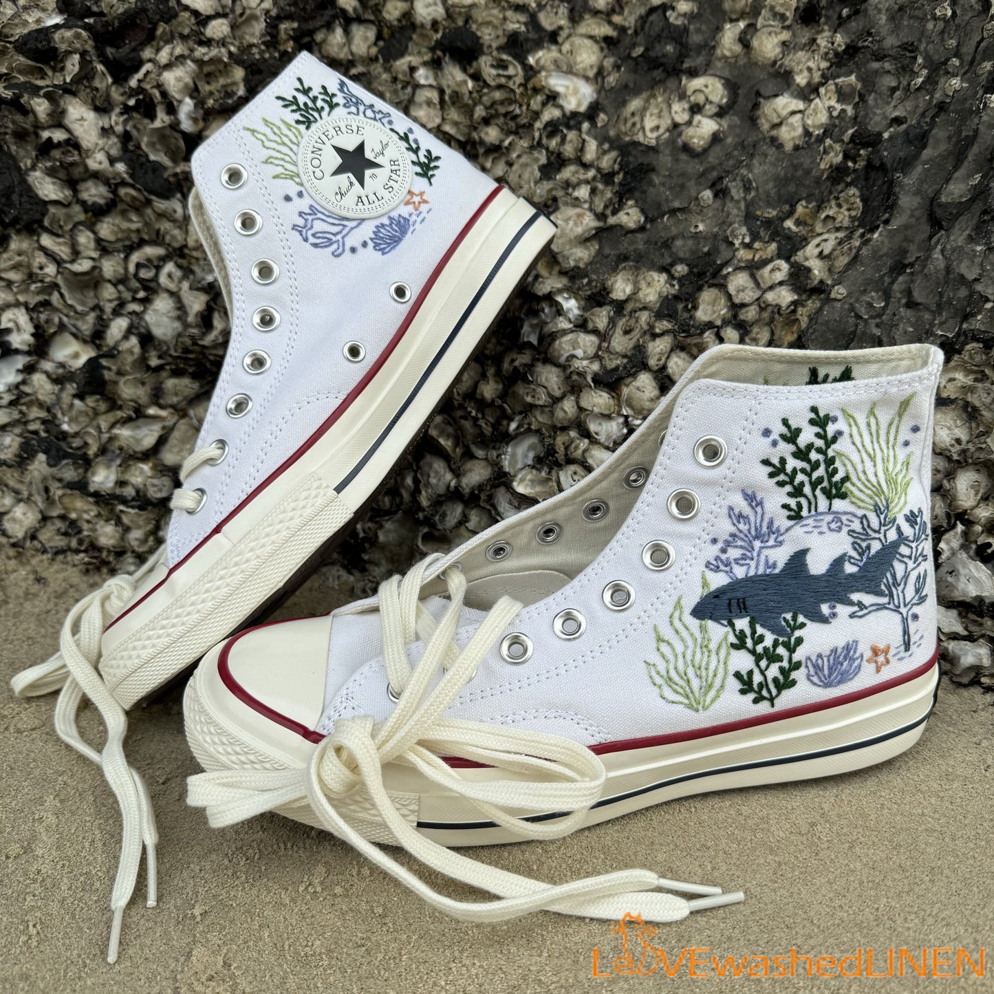 Custom Embroidered Converse High Tops/ Custom Converse Chuck Taylor 1970s Shark Embroidered/ Ocean Vibes Embroidered