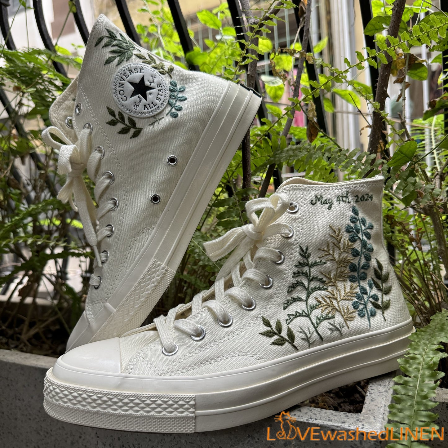 Custom Wedding Sneakers/ Wedding Flowers Embroidered Shoes/ Bridal Flowers Embroidered Sneakers /Wedding Greenery Embroidered Converse