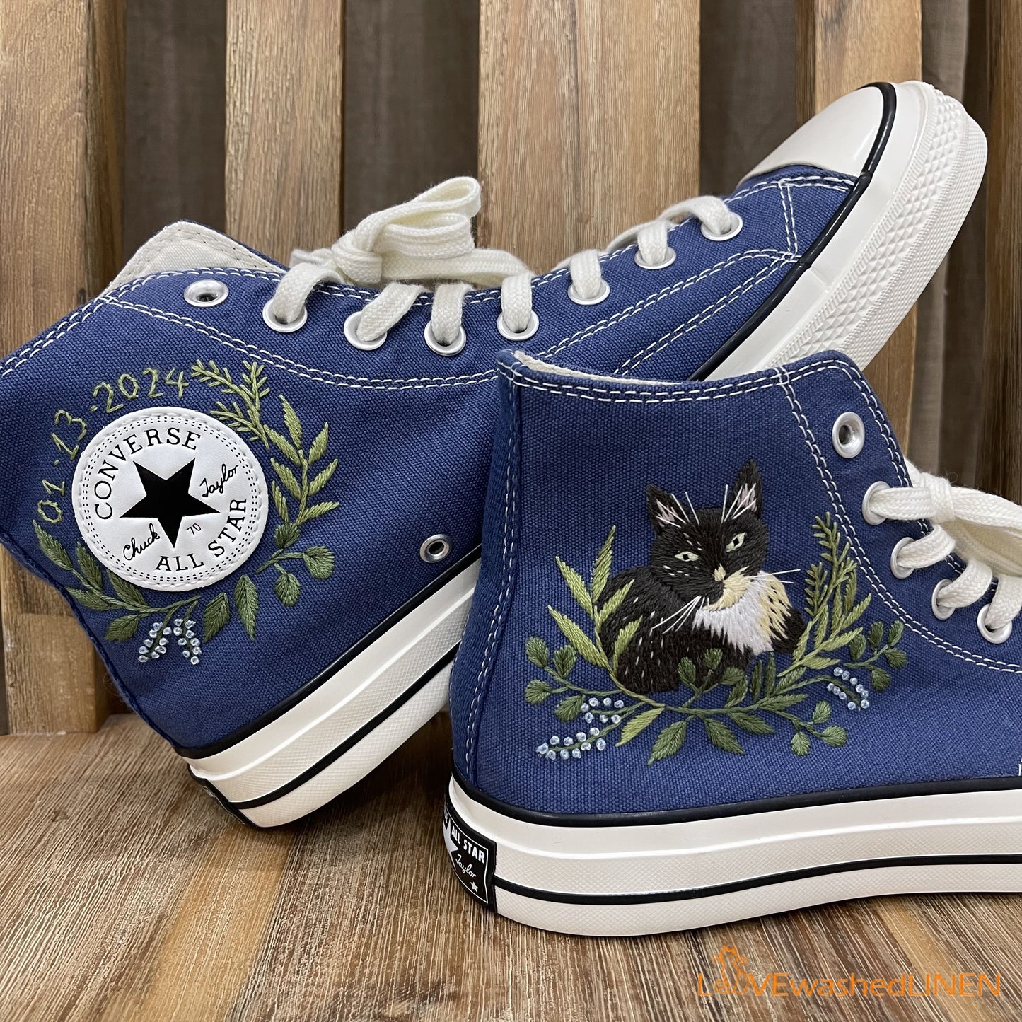 Custom Embroidered Sneakers /Embroidered Chuck Taylor/ Cat Greenery Embroidered Shoes/ Embroidered Converse Wedding Flowers