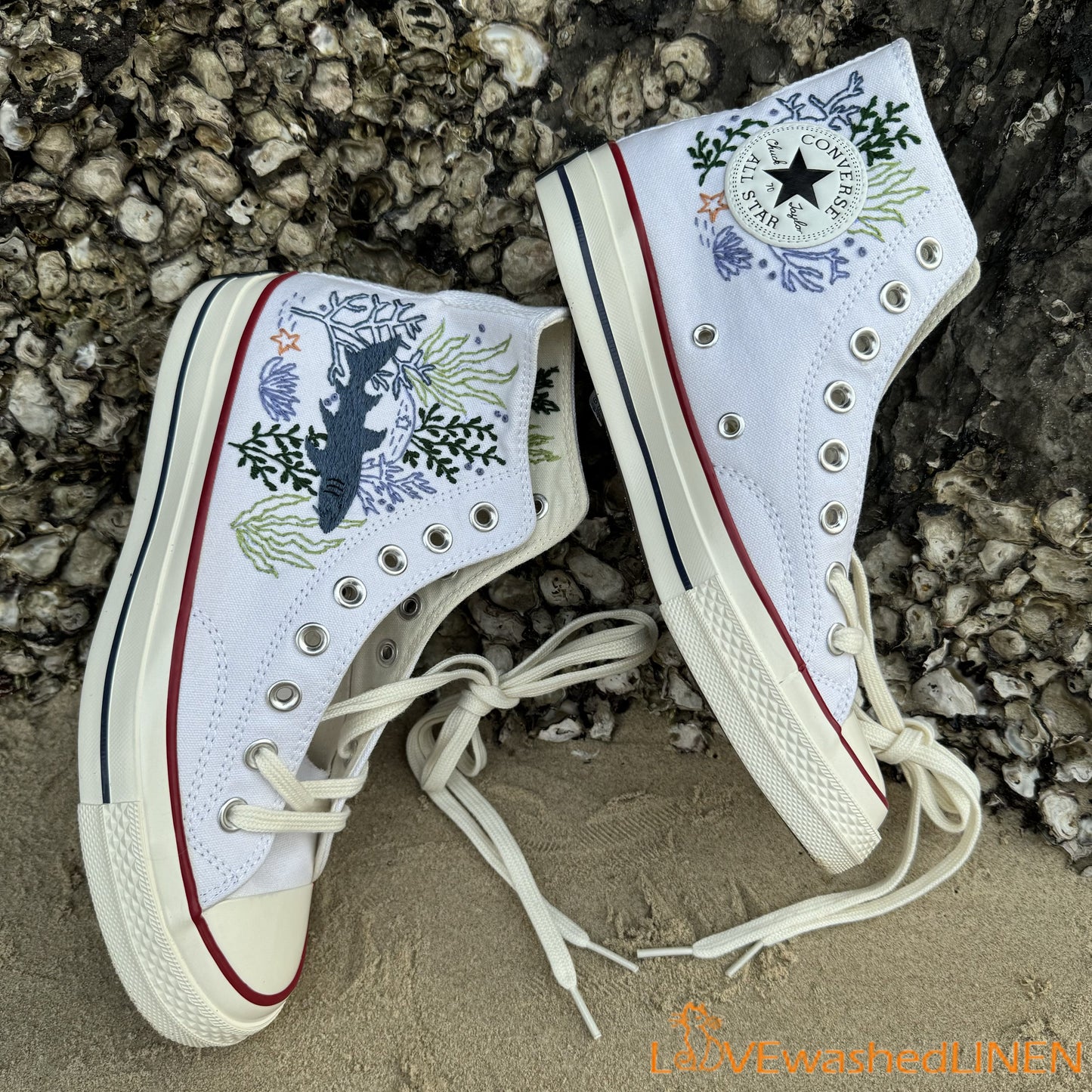 Custom Embroidered Converse High Tops/ Custom Converse Chuck Taylor 1970s Shark Embroidered/ Ocean Vibes Embroidered