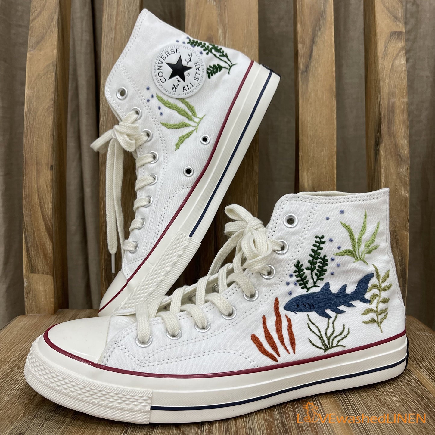 Custom Embroidered Converse High Tops/ Custom Converse Chuck Taylor 1970s Shark Embroidered / Ocean Vibes Embroidered