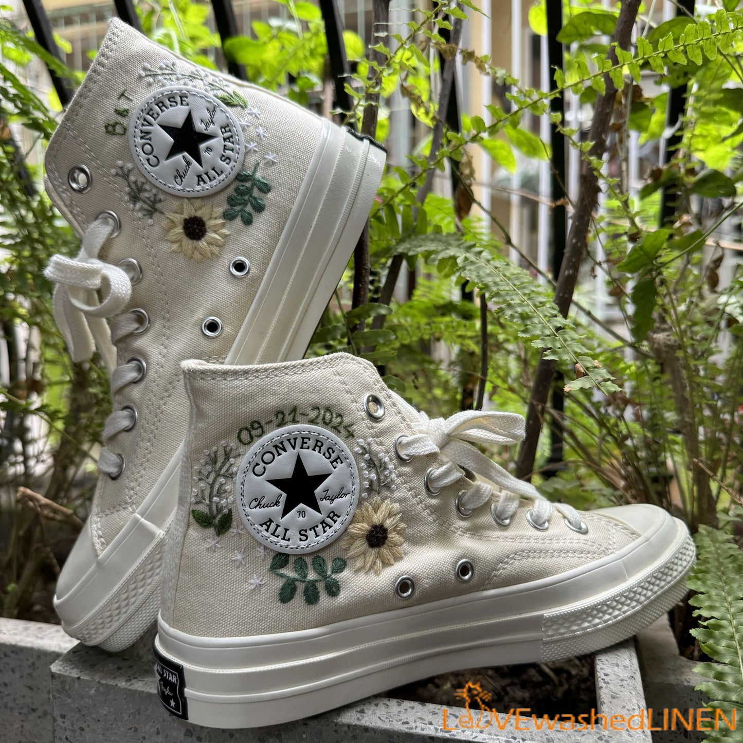 Custom Shoes Taylor 1970s/ Wedding Flowers Embroidered Sneakers/ Bridal Sunflower bouquet embroidered Shoes/ Sunflowers Embroidered Sneakers