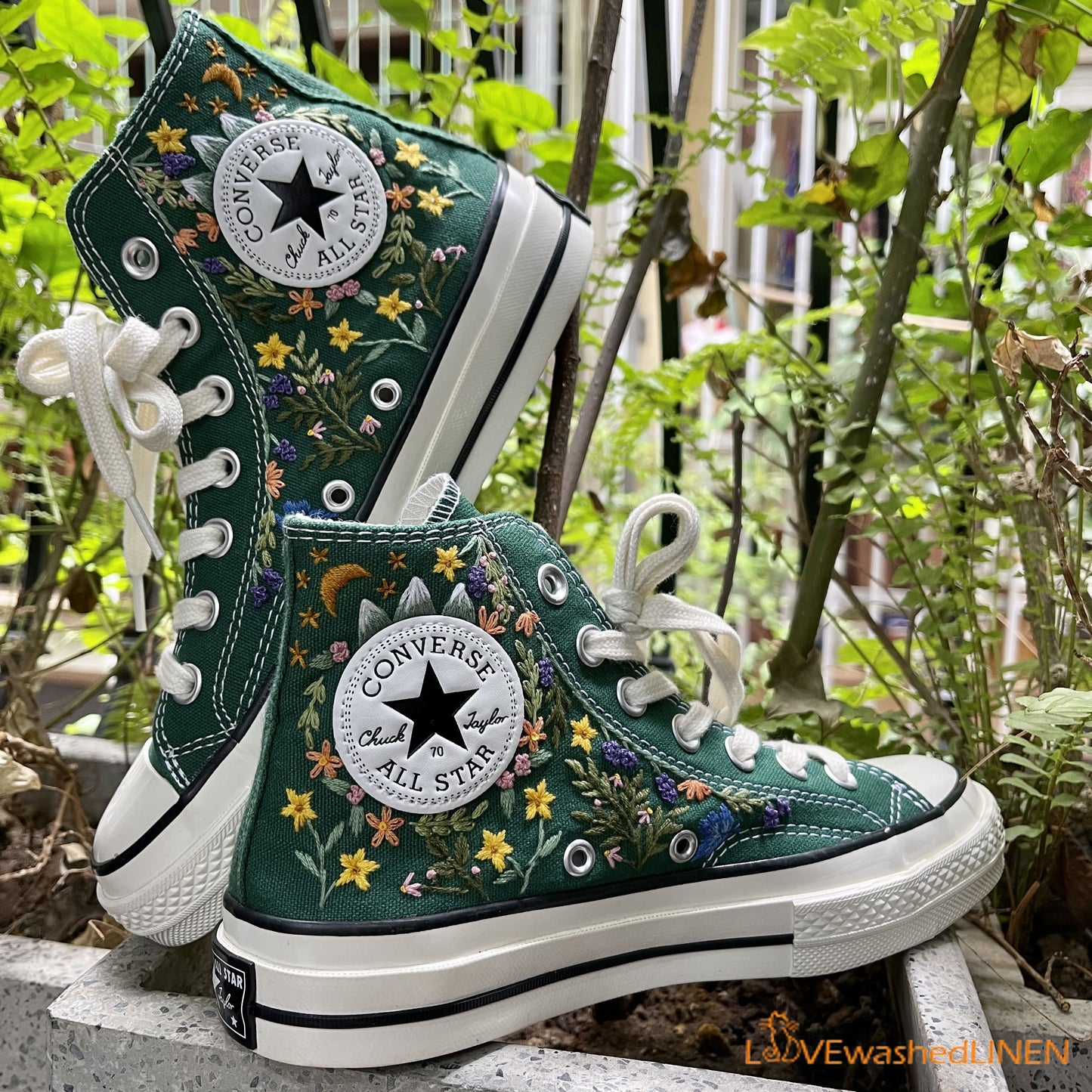 Custom Converse Chuck Taylor Embroidered/ Cat Garden Flowers Embroidered Convese Shoes/ Embroidered Converse Custom Wedding Flowers