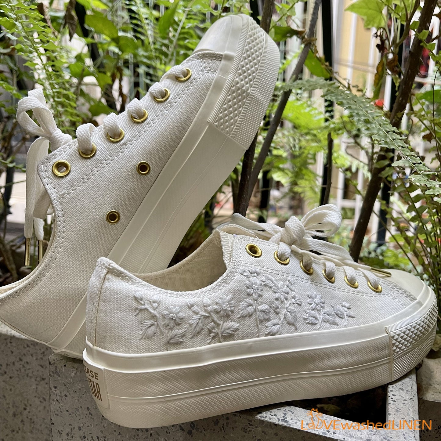 Custom Coverse Platform/ Wedding Flowers Embroidered Converse/ Bridal Flowers Embroidered Sneakers/ Lily of the Valley Embroidered Sneakers