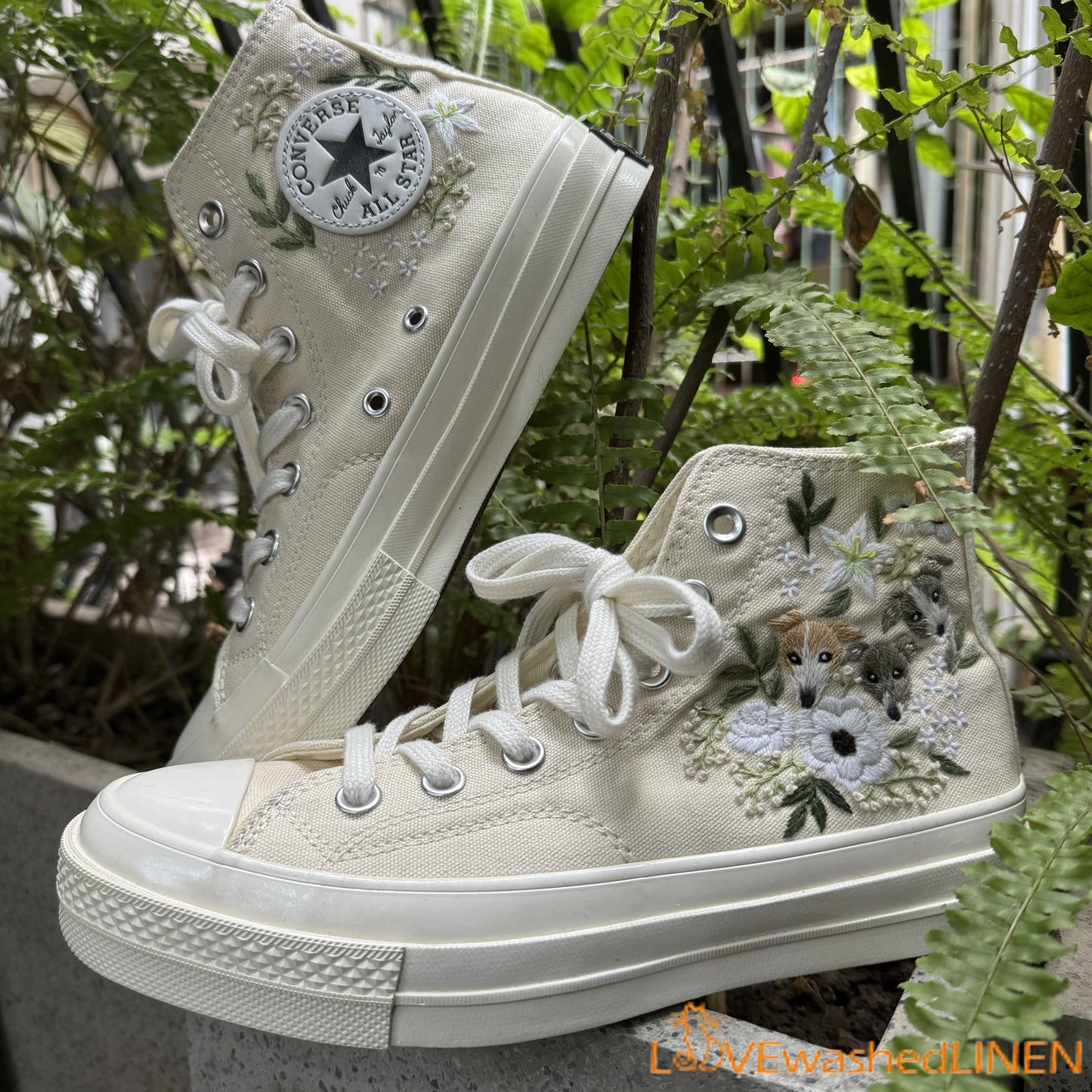 Custom Coverse Wedding Sneakers/ Cats + Flowers Embroidered Shoes/ Bridal Flowers + Pet Embroidered Sneakers/ Personalized Bride Shoes