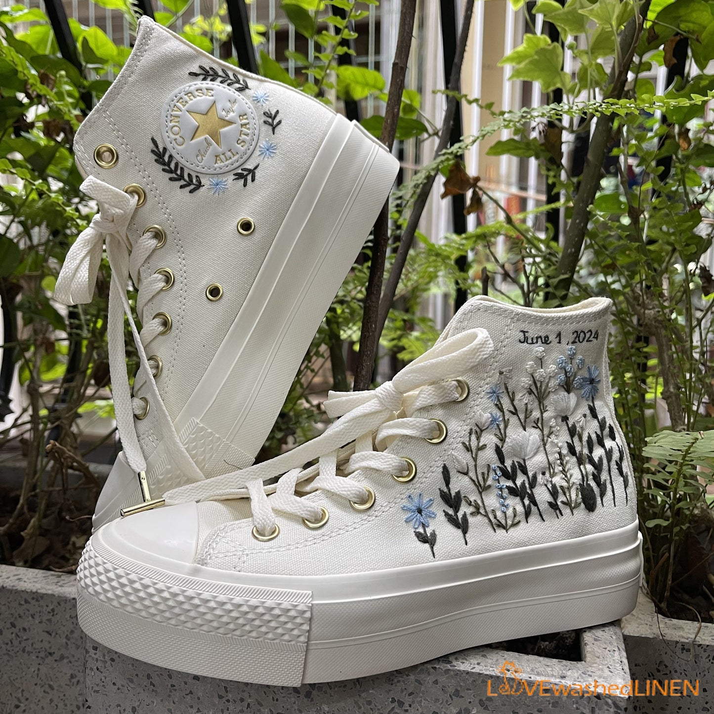 Custom Coverse Platform/Wedding Flowers Embroidered Converse/Bridal Flowers Embroidered Sneakers/Wedding Flowers Embroidered Sneakers/