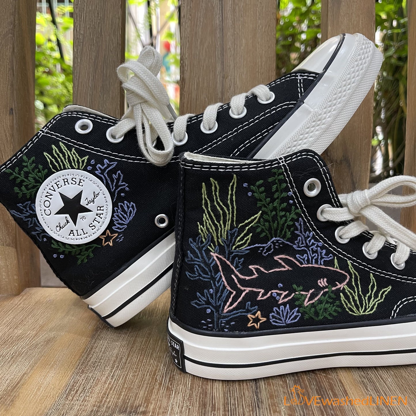 Custom Embroidered Converse High Tops/ Custom Converse Chuck Taylor 1970s Shark Embroidered/ Ocean Vibes Embroidered